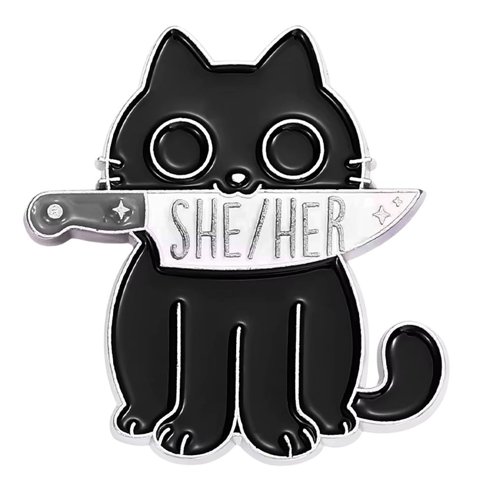 Enamel Pin: She/Her Pronoun Knife Cat