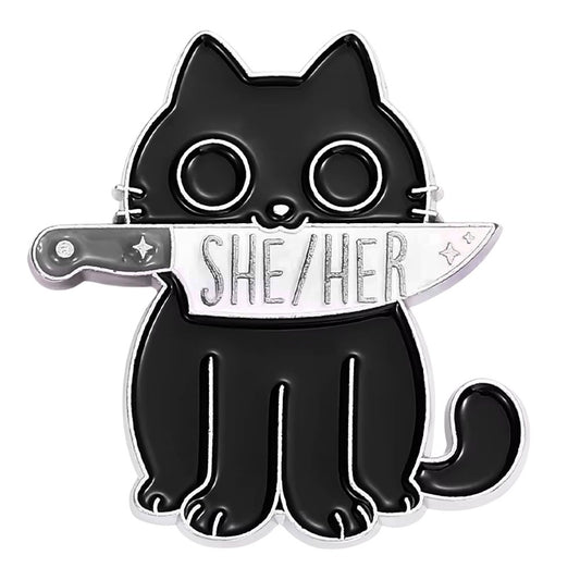 Enamel Pin: She/Her Pronoun Knife Cat