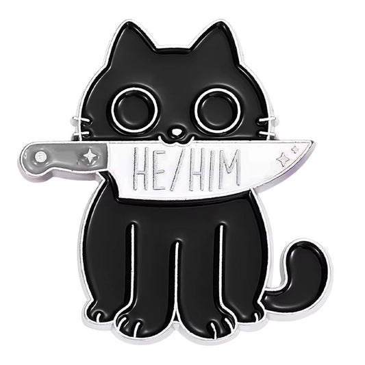 Enamel Pin: He/Him Pronoun Knife Cat